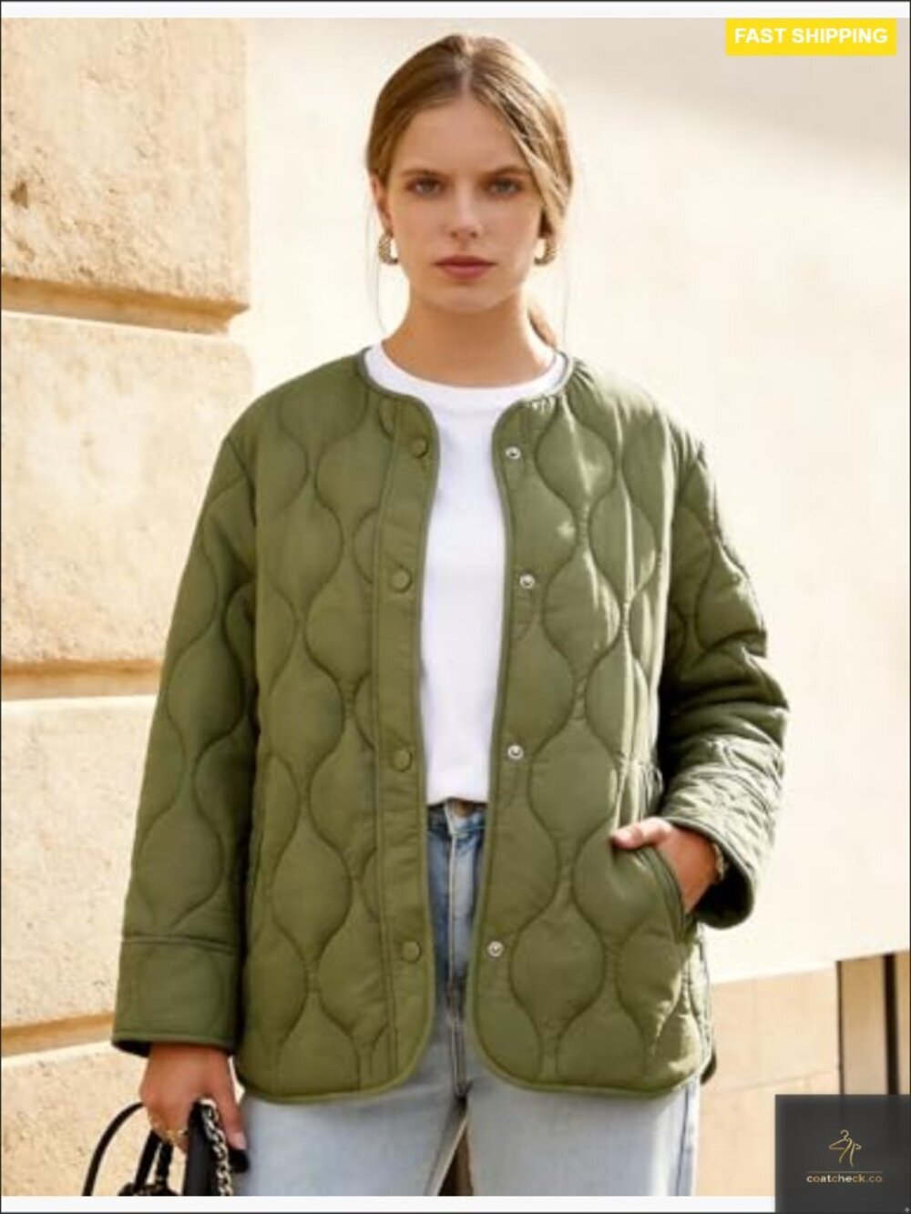 Oversized Quilted Lightweight Jacket Button Down Puffer Padded Outerwear with - Picture 4 of 7